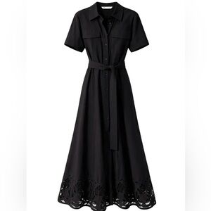 Zara Black Maxi Shirt Dress with Cutwork Hem